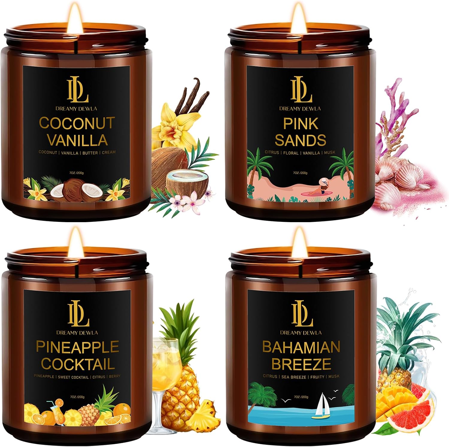 Detalle de DL DREAMY DEWLA D009-7 Soy Candle Set, 4 Tropical Scents in Glass Jars