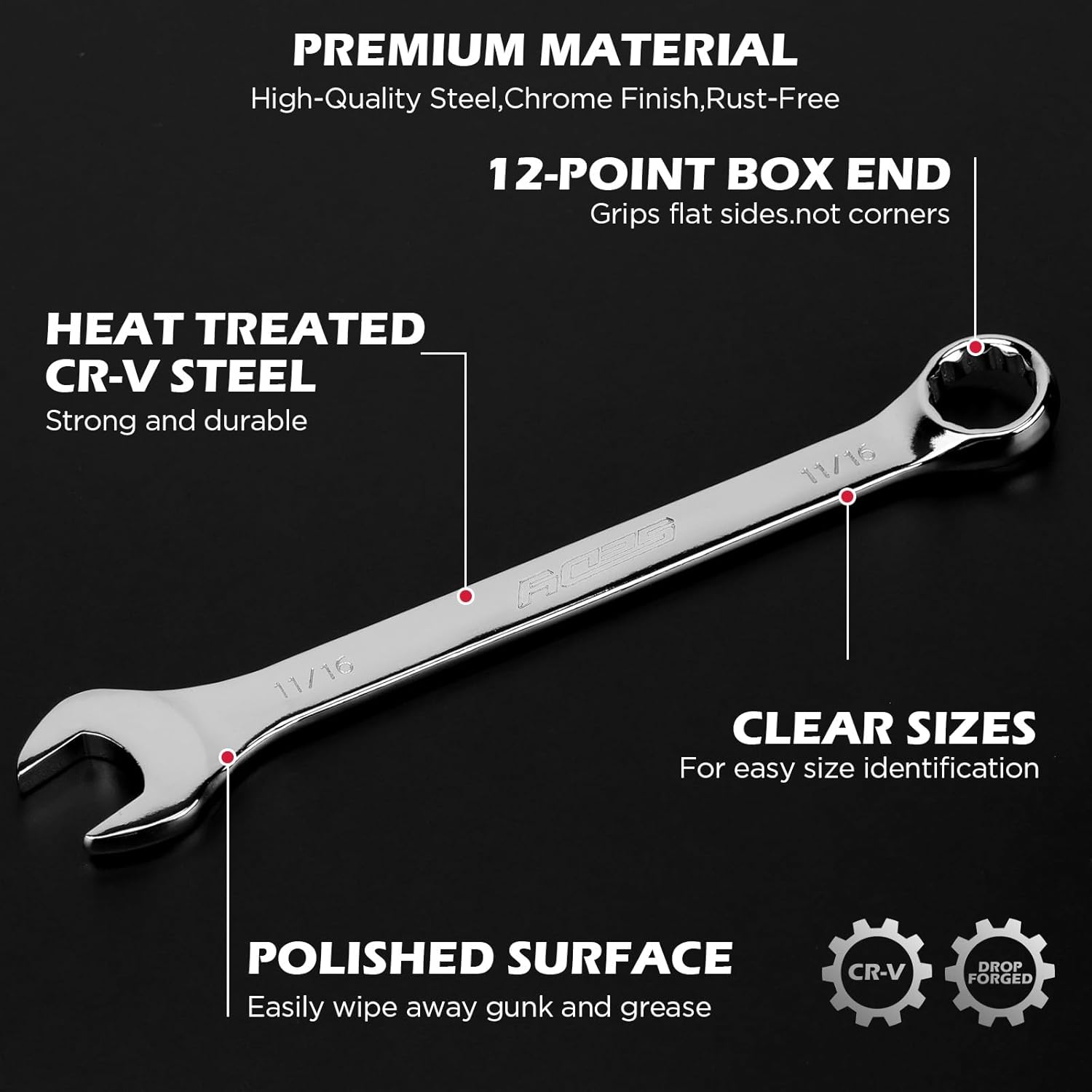 Detalle de 15-Piece SAE Combination Wrench Set (1/4''–1''), 12-Point Open & Box End with Organizer