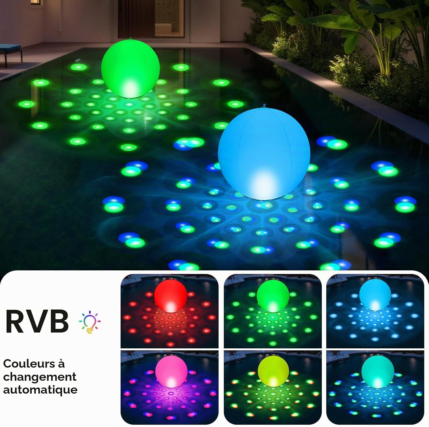 Detalle de KingSom 2026 Lumière Piscine Flottante — Boule lumineuse IP68 Ø38 cm, 2 pièces
