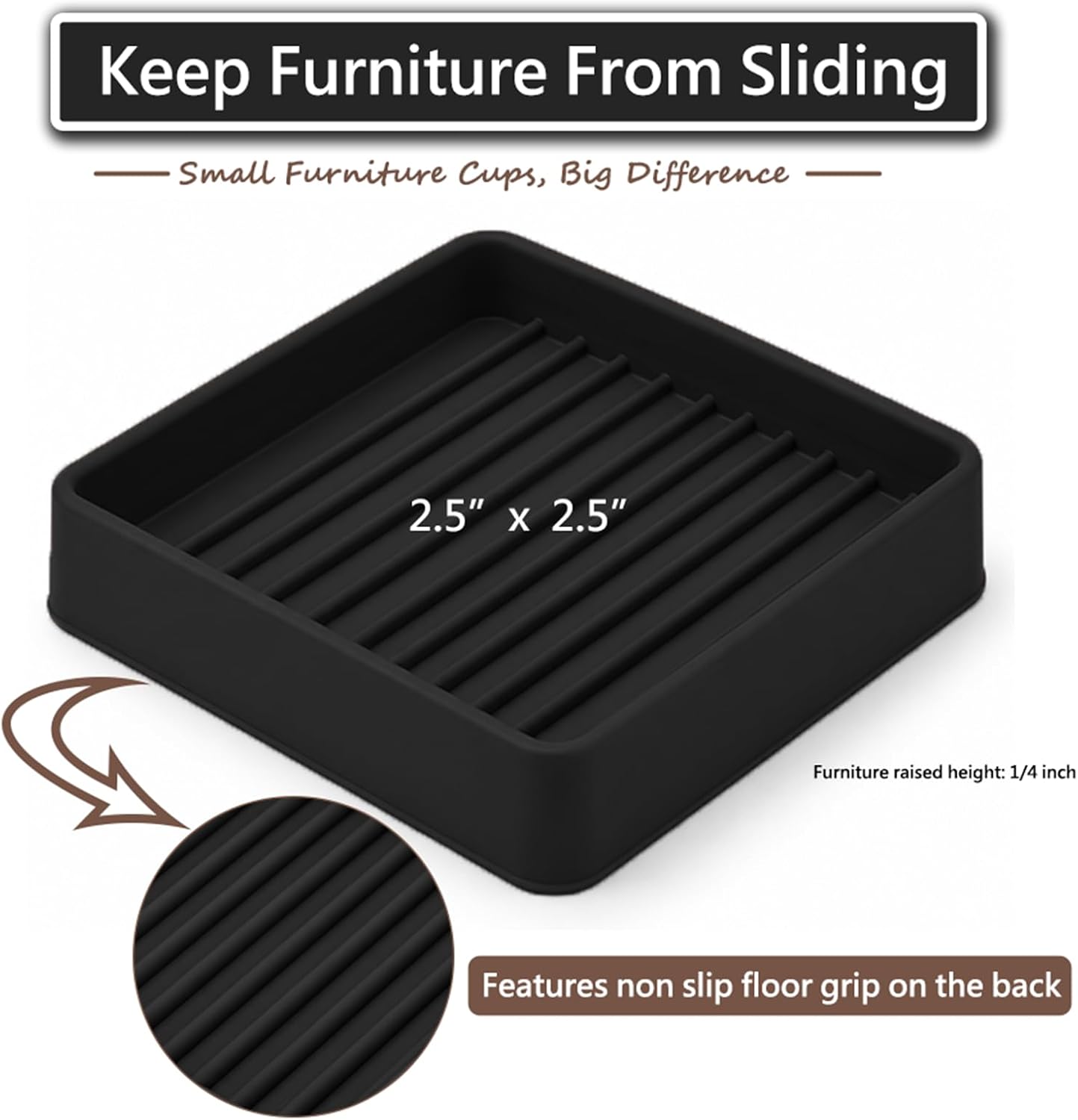 Thumbnail 6 de Jayen 2.5-Inch Square Rubber Furniture Caster Cups, Black, Non-Slip