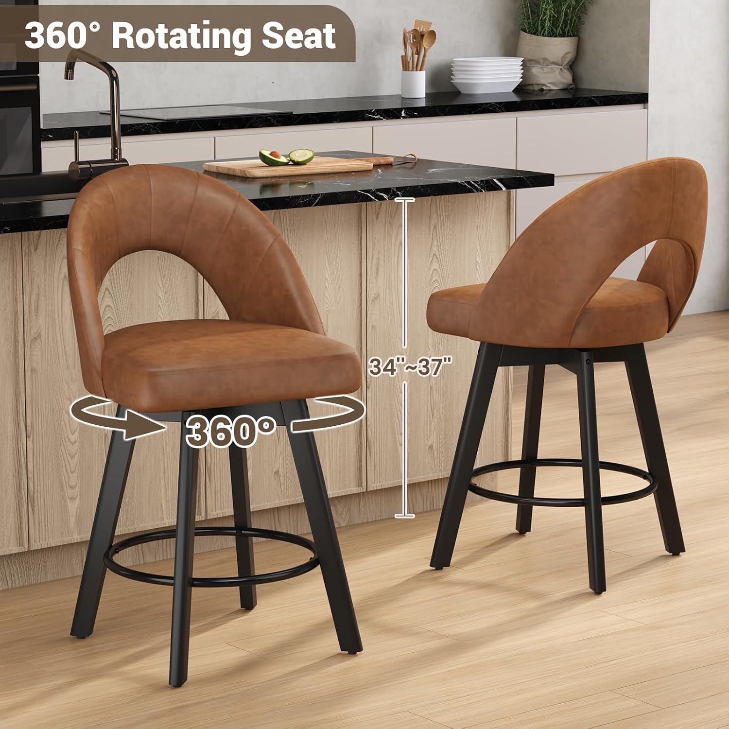 Detalle de YaFiti SJDO_847 Counter-Height Swivel Bar Stools, Set of 2, Light Tan Faux Leather