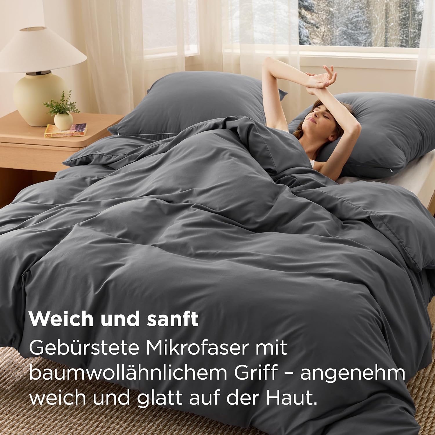 Detalle de BEDSURE Bettwäsche 220x240 3-teilig Anthrazit – ÖKO-TEX, Mikrofaser, Reißverschluss
