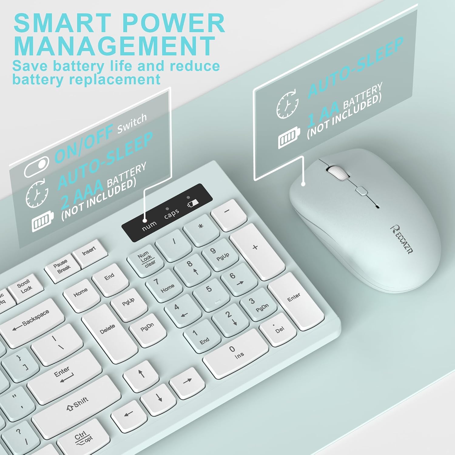 Detalle 2 de RECCAZR Wireless Keyboard and Mouse Combo, Full-Size, Quiet, Mint Green