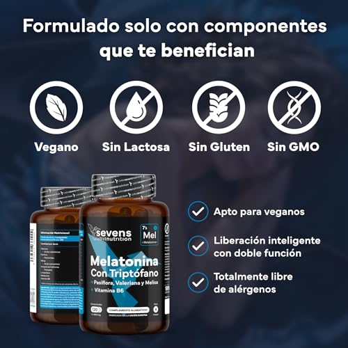 Detalle de Melatonina Pura 1,9 mg con Triptófano – SEVENS NUTRITION. Pastillas para dormir bien