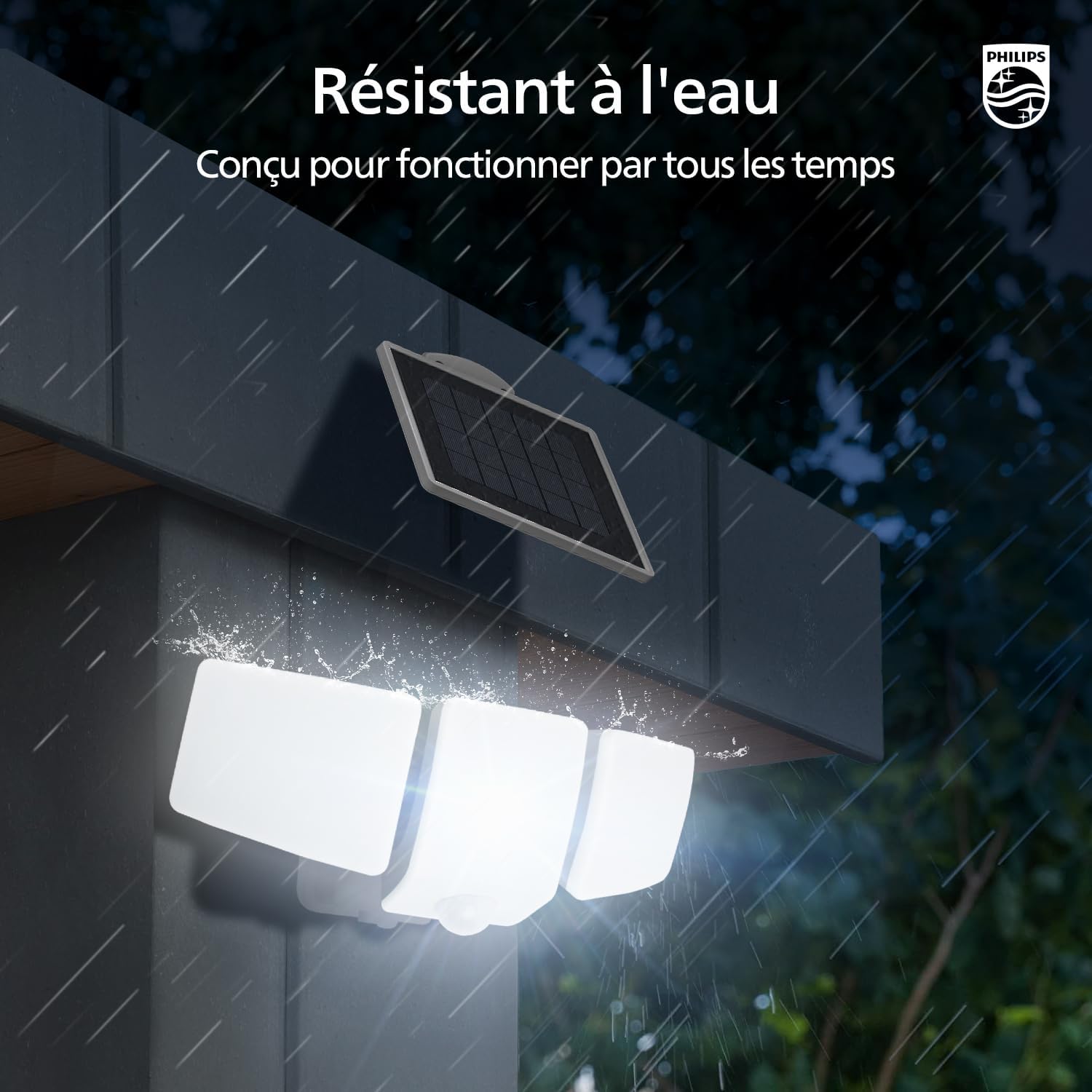 Detalle 2 de Philips lampe de Sécurité Solaires 3600LM: projecteur extérieur à 3 têtes, détecteur de mouvement PIR et panneau séparé
