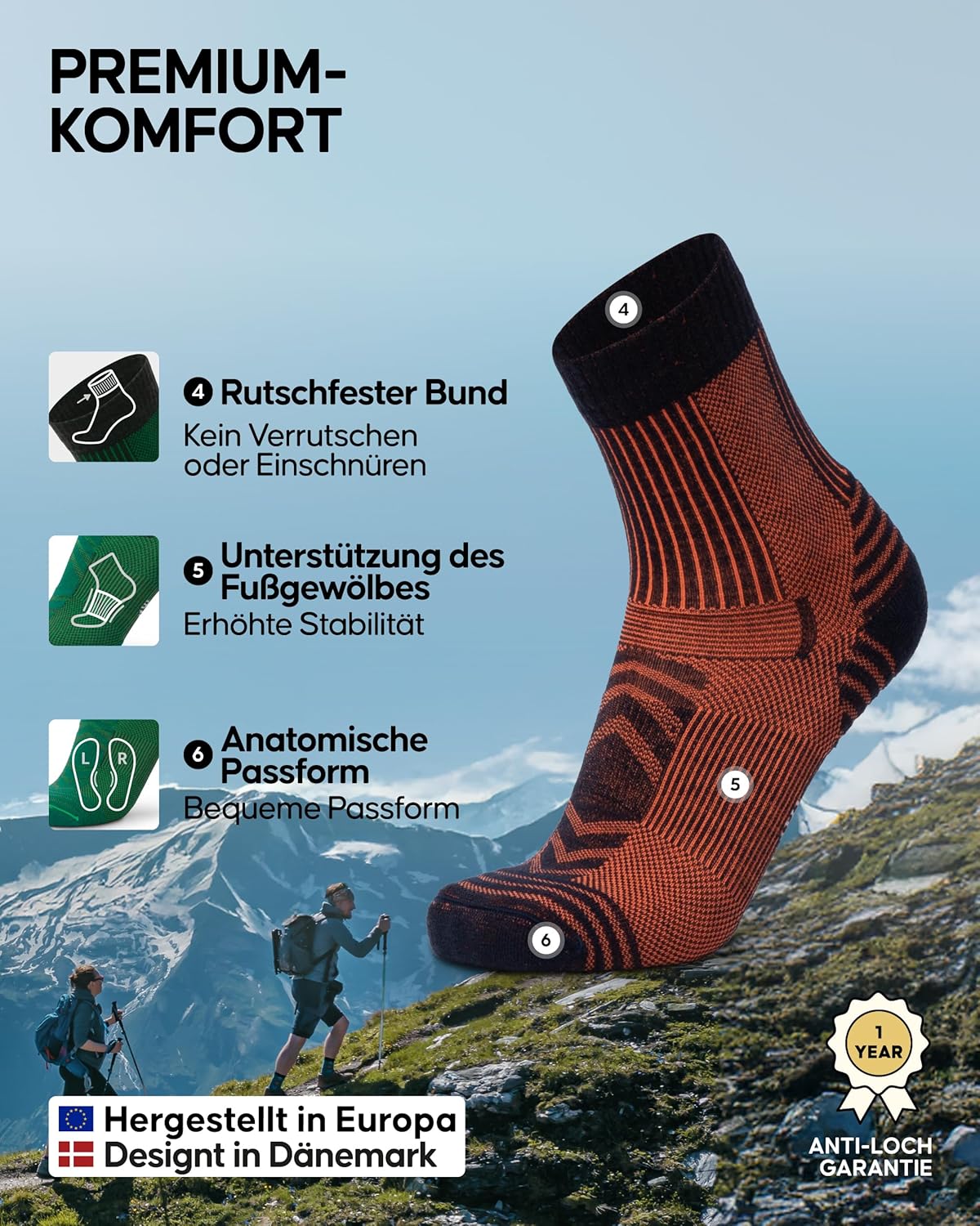 Detalle de DANISH ENDURANCE Merino-Wandersocken 5 Paar
