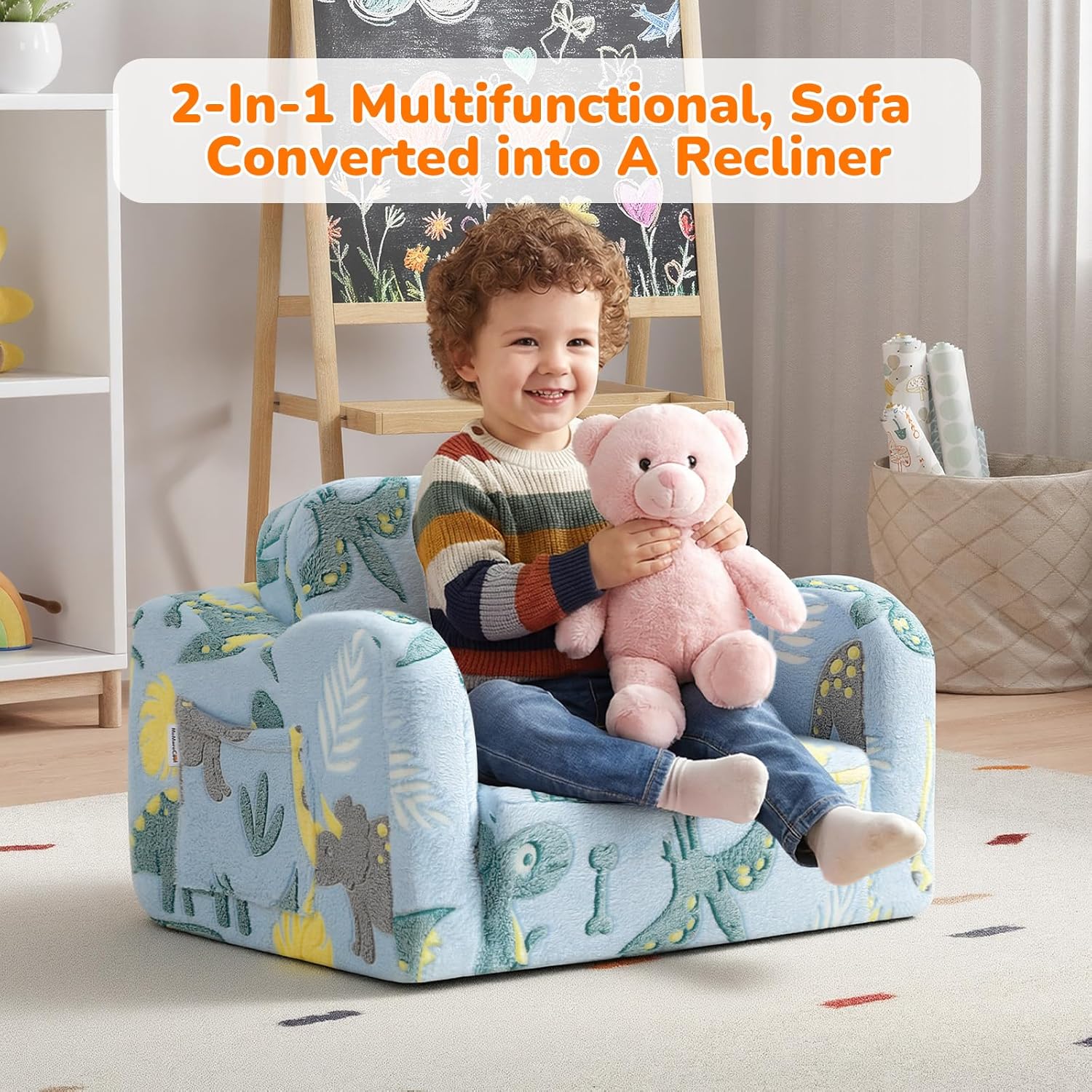 Detalle 1 de MeMoreCool Glowing Dinosaur Kids Chair (2-in-1 Convertible) – Glow-in-the-Dark Dino Couch Lounger, Sky Blue