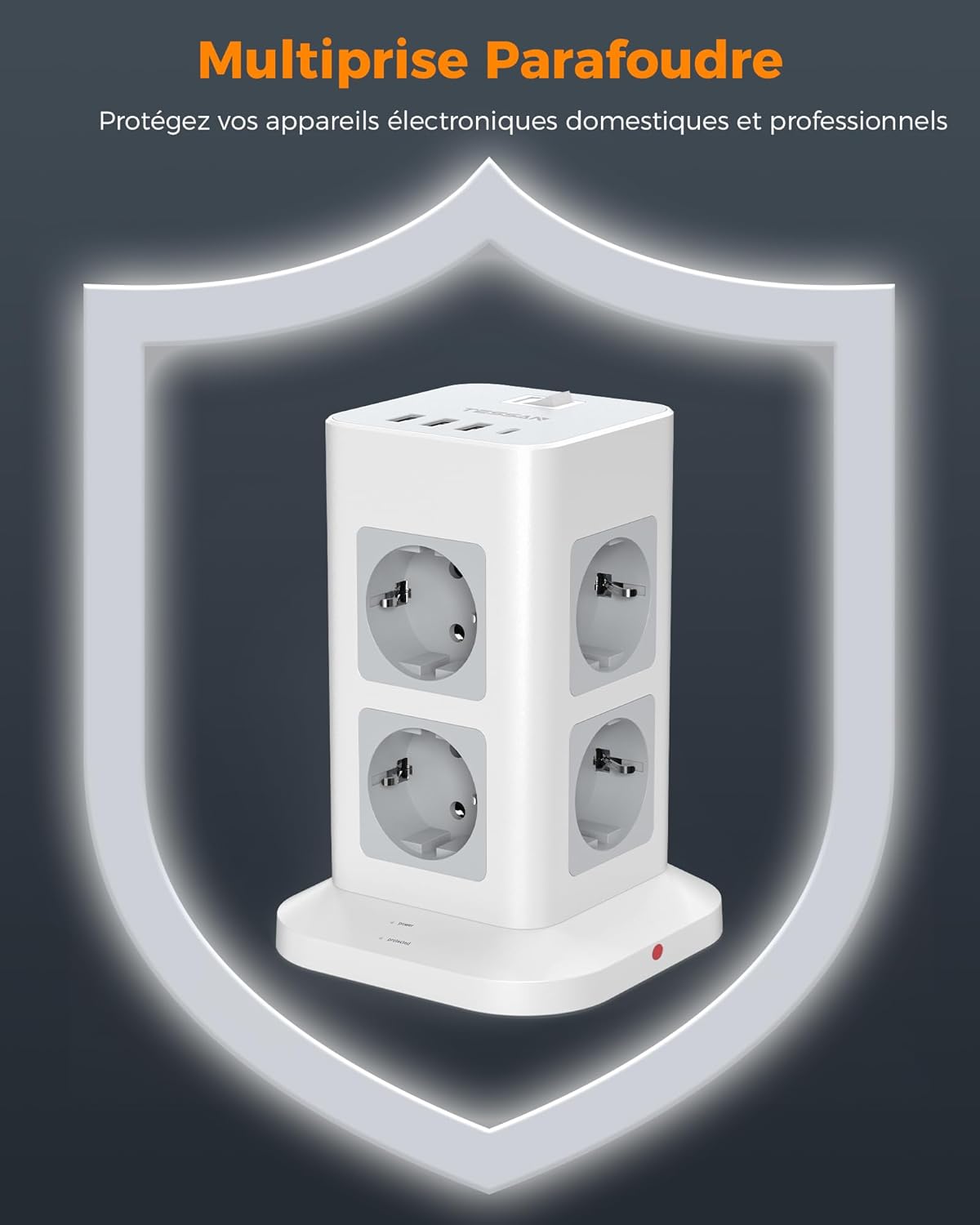 Thumbnail 3 de TESSAN Tour Multiprise 8 sorties AC avec 4 USB (3A, 1C) et interrupteur — rallonge 2 m, protection surtension, gris