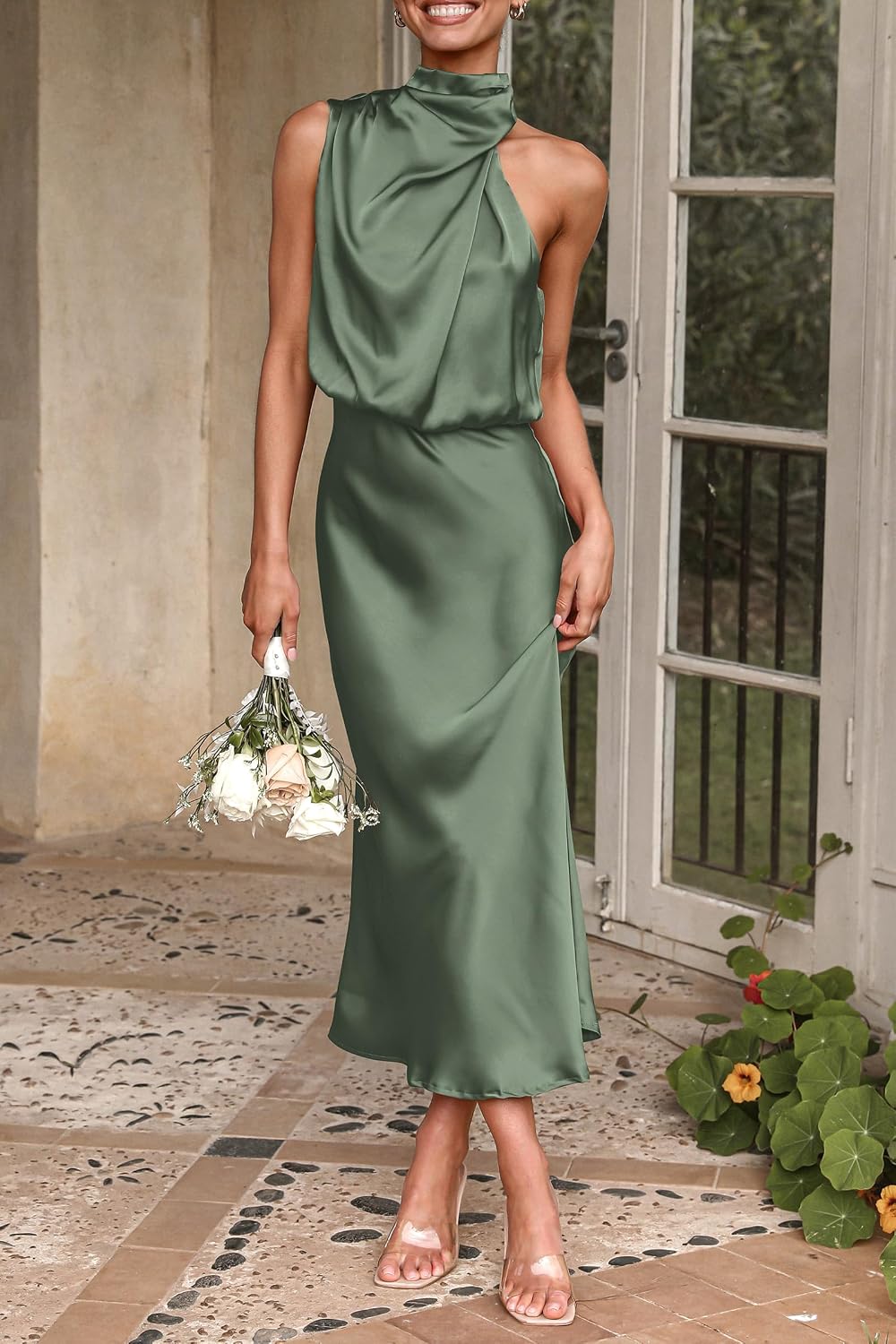 Detalle de PRETTYGARDEN Women’s Satin Mock Neck Sleeveless Maxi Dress (Summer & Cocktail)