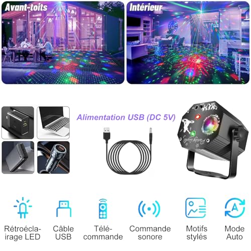 Detalle de Boule Disco LED WINSAFE 72 motifs de projection – Projecteur de soirée RGB avec télécommande et commande vocale
