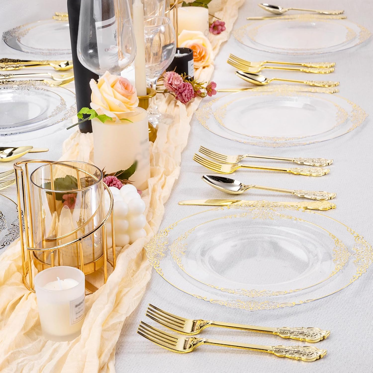 Thumbnail 6 de Bestluck 200 PCS Clear and Gold Plastic Plates 10.25