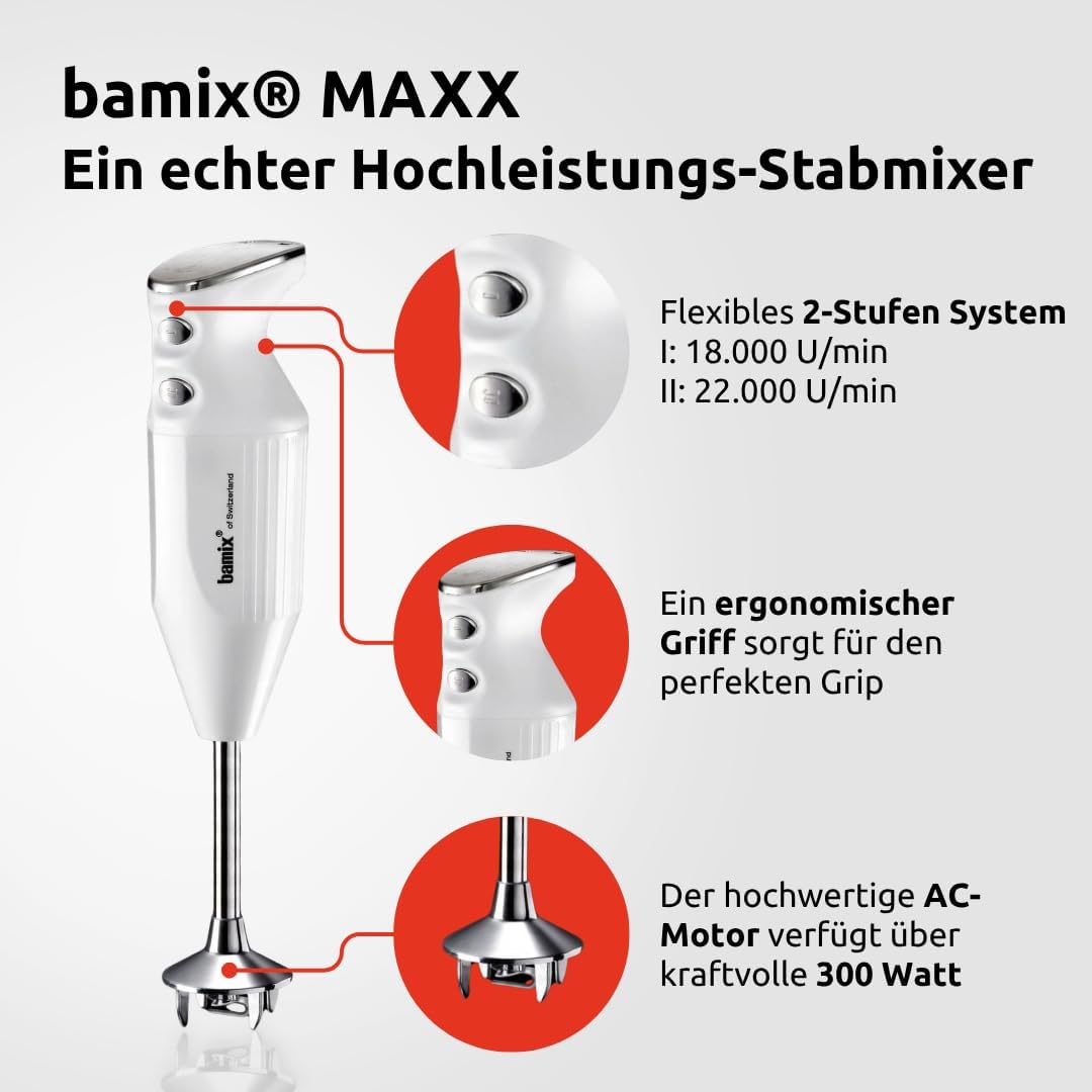 Thumbnail 3 de bamix Stabmixer Set M350 MAXX (300 Watt) mit Multifunktions-, Fleisch- & Gemüsemesser, Quirl und Schlagscheibe – Weiß/Chrom