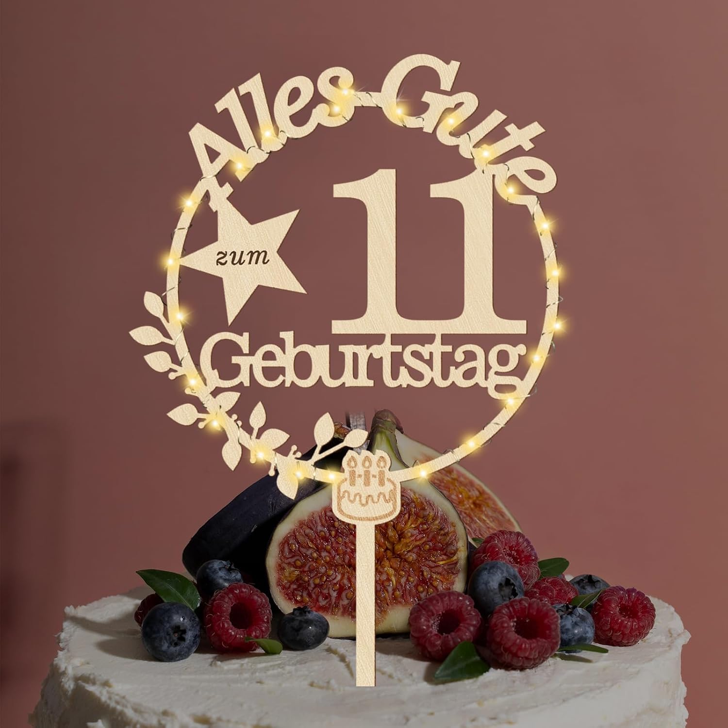 Detalle de Giftota Cake Topper 11. Geburtstag Holz mit LED-Lichterkette – dekorativer Tortenspitzen-Aufleger