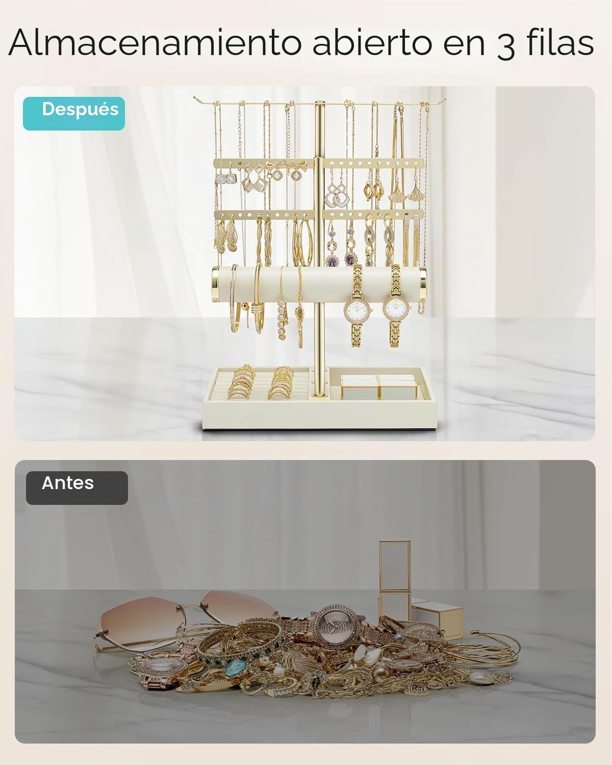 Detalle de VLANDO: Organizador de joyas de 4 niveles en cuero PU para collares, anillos y pendientes