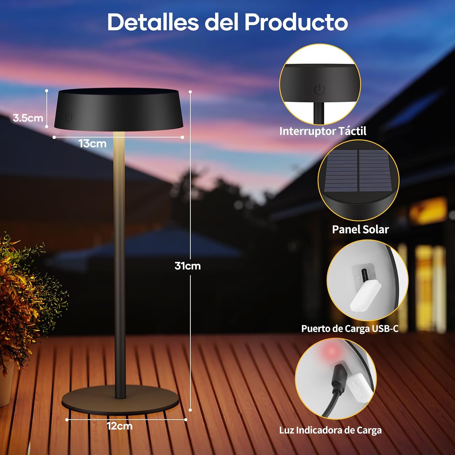 Detalle de Suright Lámpara de mesa solar IP65 4000 mAh