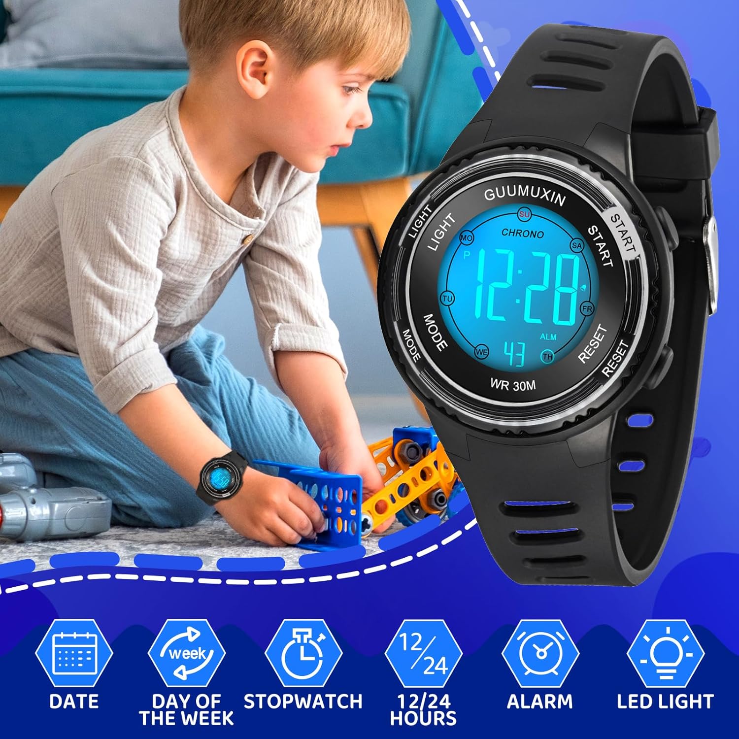 Thumbnail 3 de GUUMUXIN Montre numérique sport enfants 7 couleurs, étanche 3 ATM (6-16 ans)