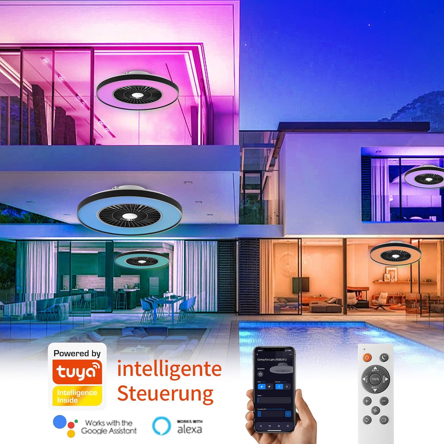 Thumbnail 2 de BKZO moderne RGB-LED-Deckenleuchte mit Ventilator (Ø 60 cm) – Tuya Smart & Alexa/Google, 3000–5500 K, schwarz