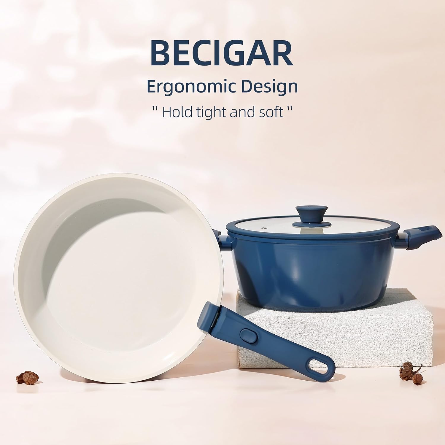 Detalle de BECIGAR 8-Piece Ceramic Nonstick Cookware Set with Detachable Handle (Induction & Oven Safe)
