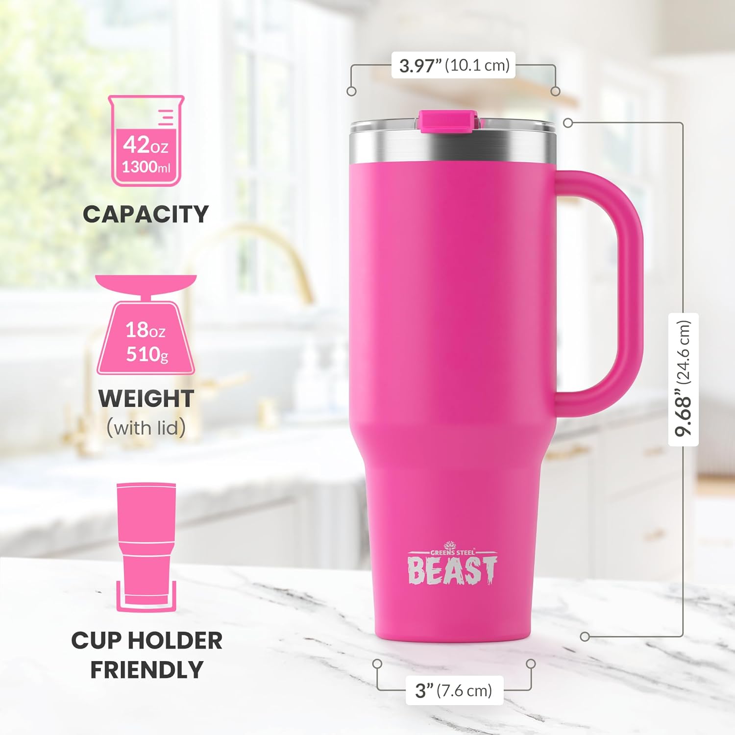 Detalle de Beast Tumbler with Handle - 1300 ml (42 oz) in Cup Cake Pink: Durable Stainless Steel Travel Mug with Leak-Proof Lid