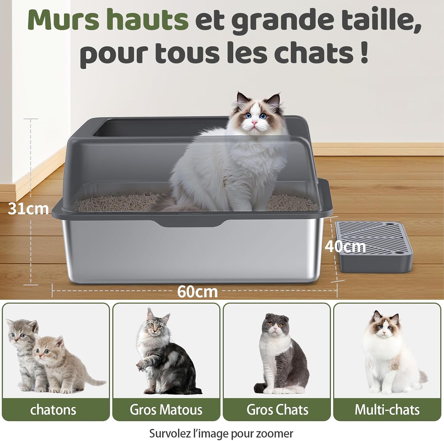 Detalle 2 de Gimars XXL Bac à litière inox 37L 🐾