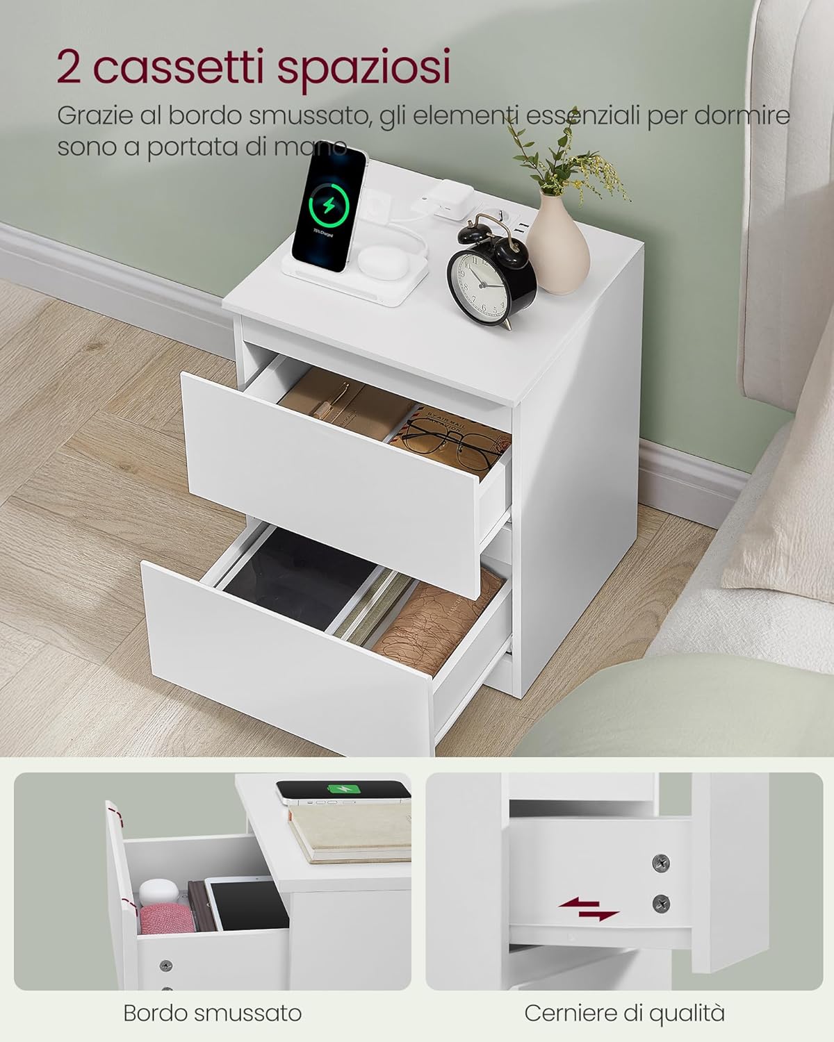 Detalle de VASAGLE Kailyn Collezione - Comodini con Ciabatta Elettrica, Set di 2, bianco nuvola LET821W02