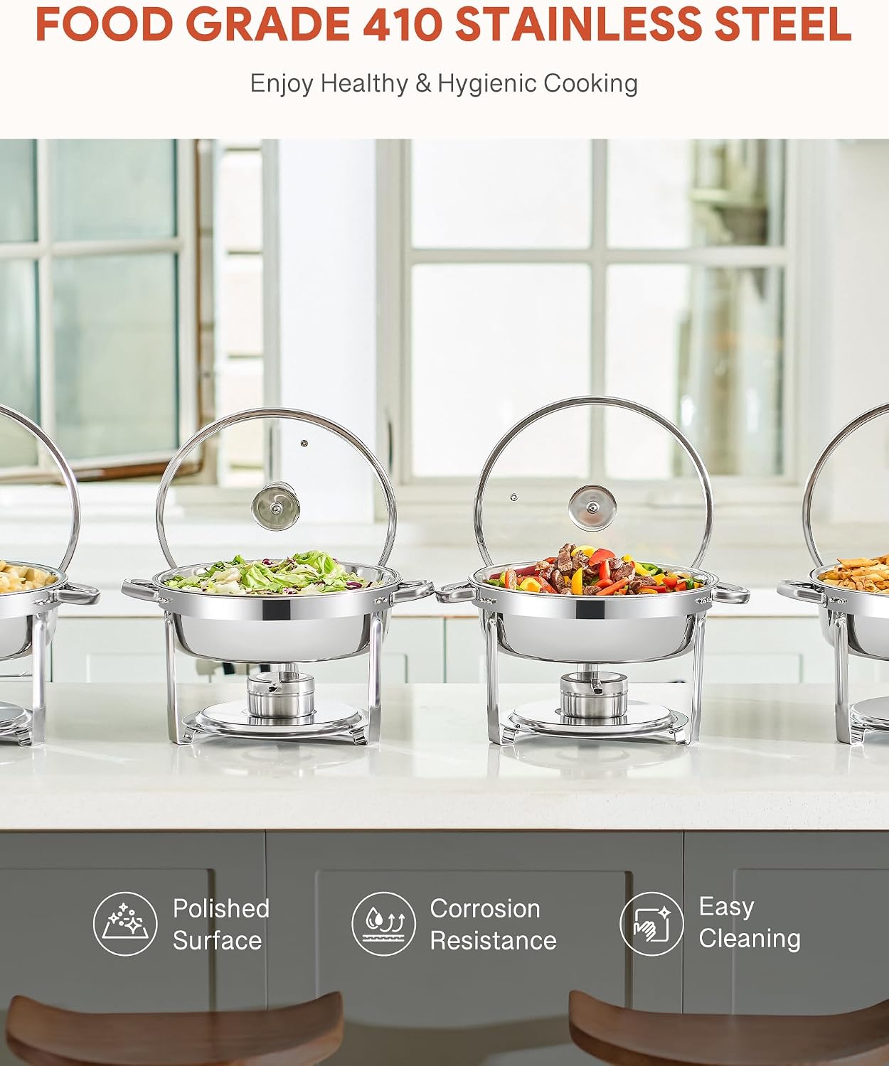 Thumbnail 2 de WILPREP Chafing Dish Buffet Set, 4 Pack 5.5L Round Chafers with Glass Lid & Lid Holder – Stainless Steel Food Warmers