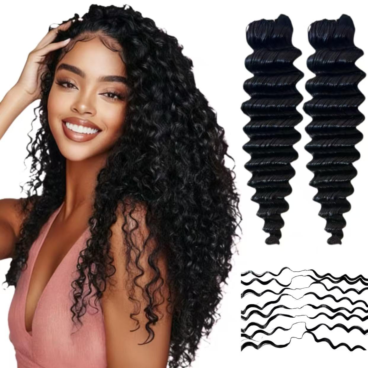 Detalle de Limited Beauty Deep Wave Crochet Human Hair Extensions (2 Packs, 120g) – 16 inch, Knotless, Burmese Curly