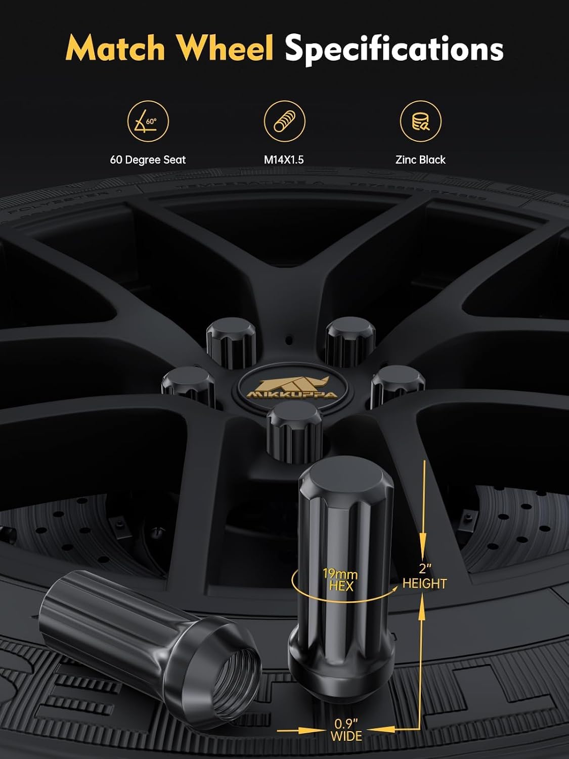 Thumbnail 1 de MIKKUPPA M14x1.5 Spline Lug Nuts – 32pc Black Closed End Replacement Kit for GM Ford RAM