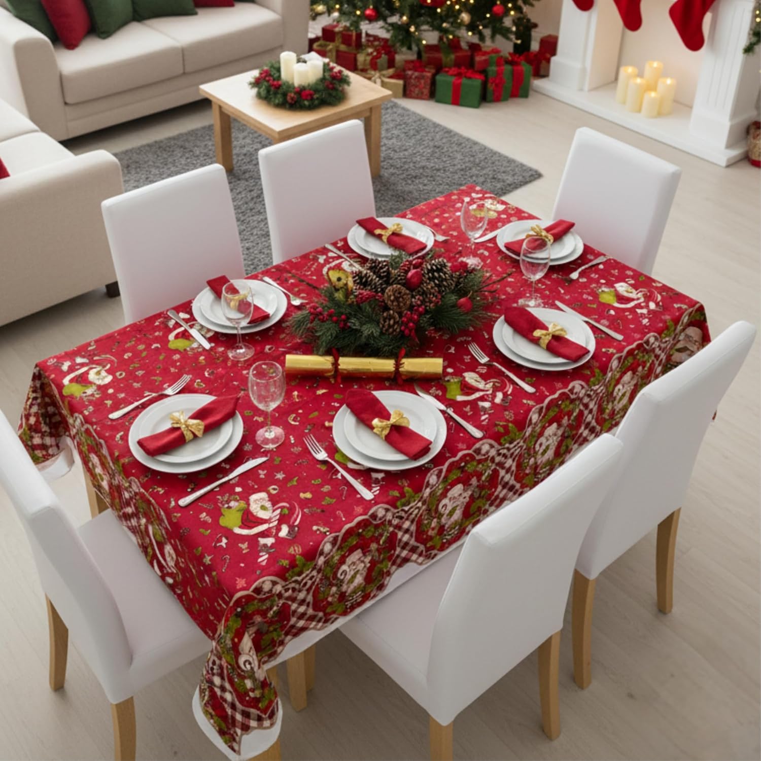 Thumbnail 1 de Nappe de Noël o-day rectangulaire en coton ou polyester — 12 places 140x240 cm, Rouge • Magie des Cadeaux, fabriquée en Italie