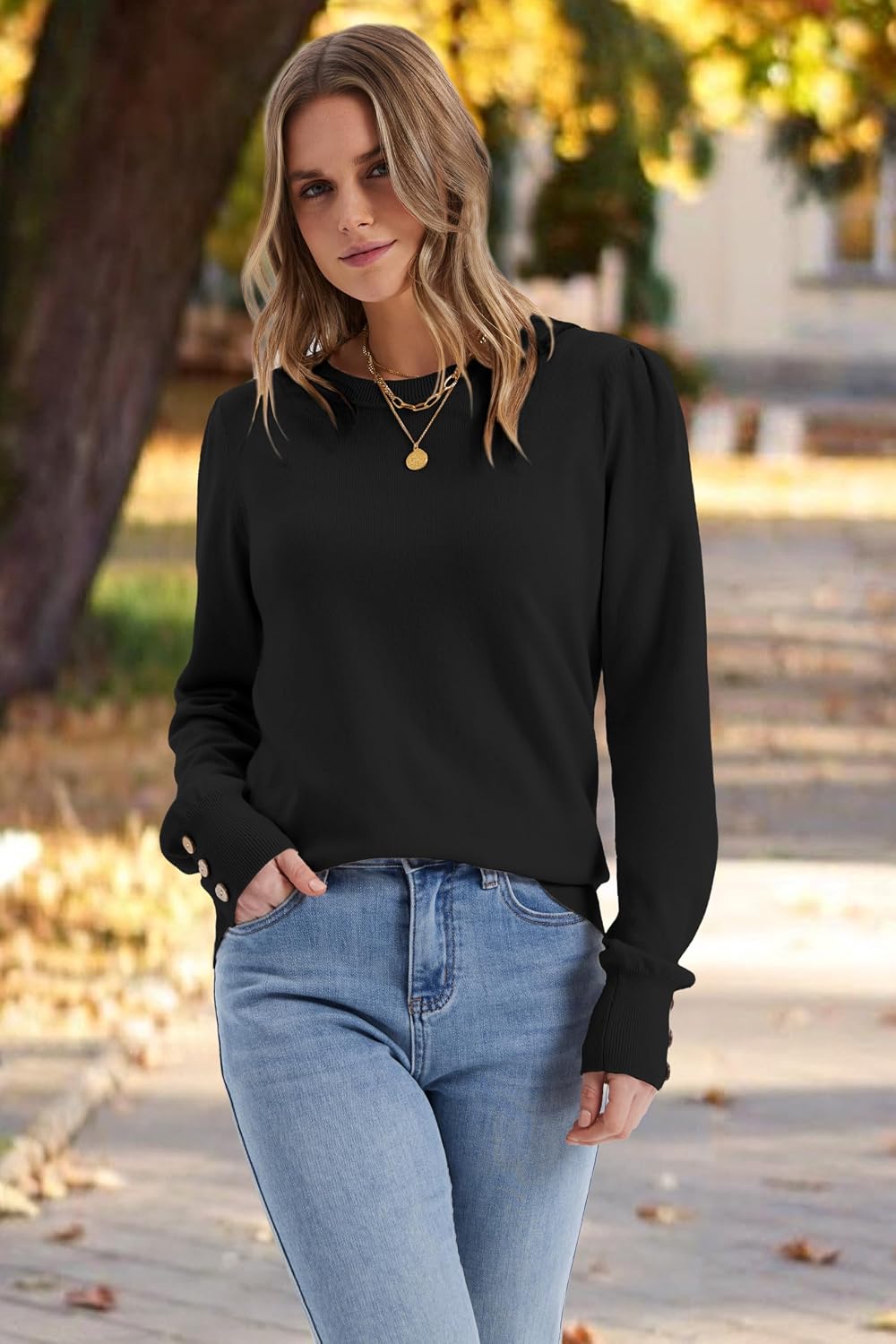 Detalle de XIEERDUO Women's Knit Pullover Sweater with Long Sleeves and Button Cuffs