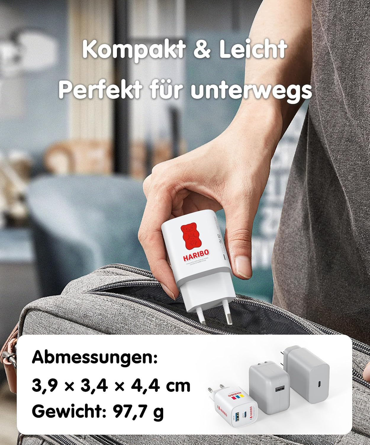 Detalle de Haribo 45W USB-C Ladegerät mit 2 Ports – GaN Schnellladeadapter, PPS, kompakt & reisefertig (Rot)