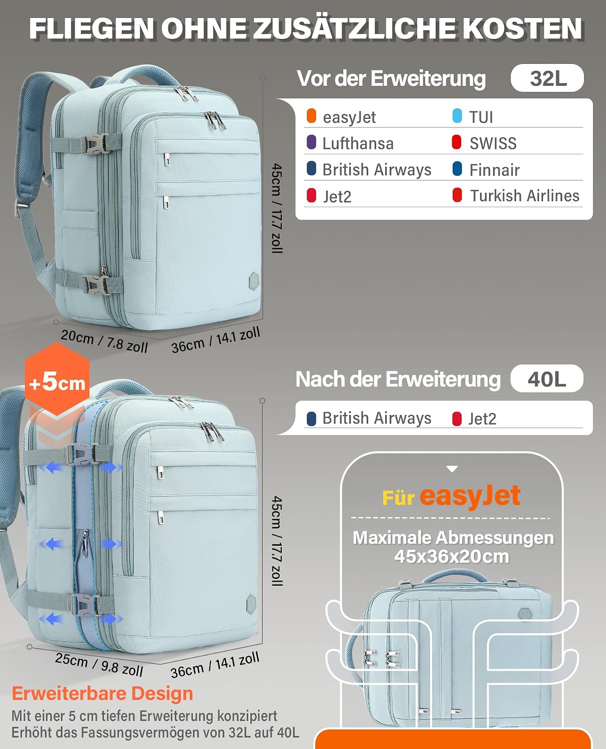 Thumbnail 1 de VANKEV Handgepäck Rucksack 32–40L