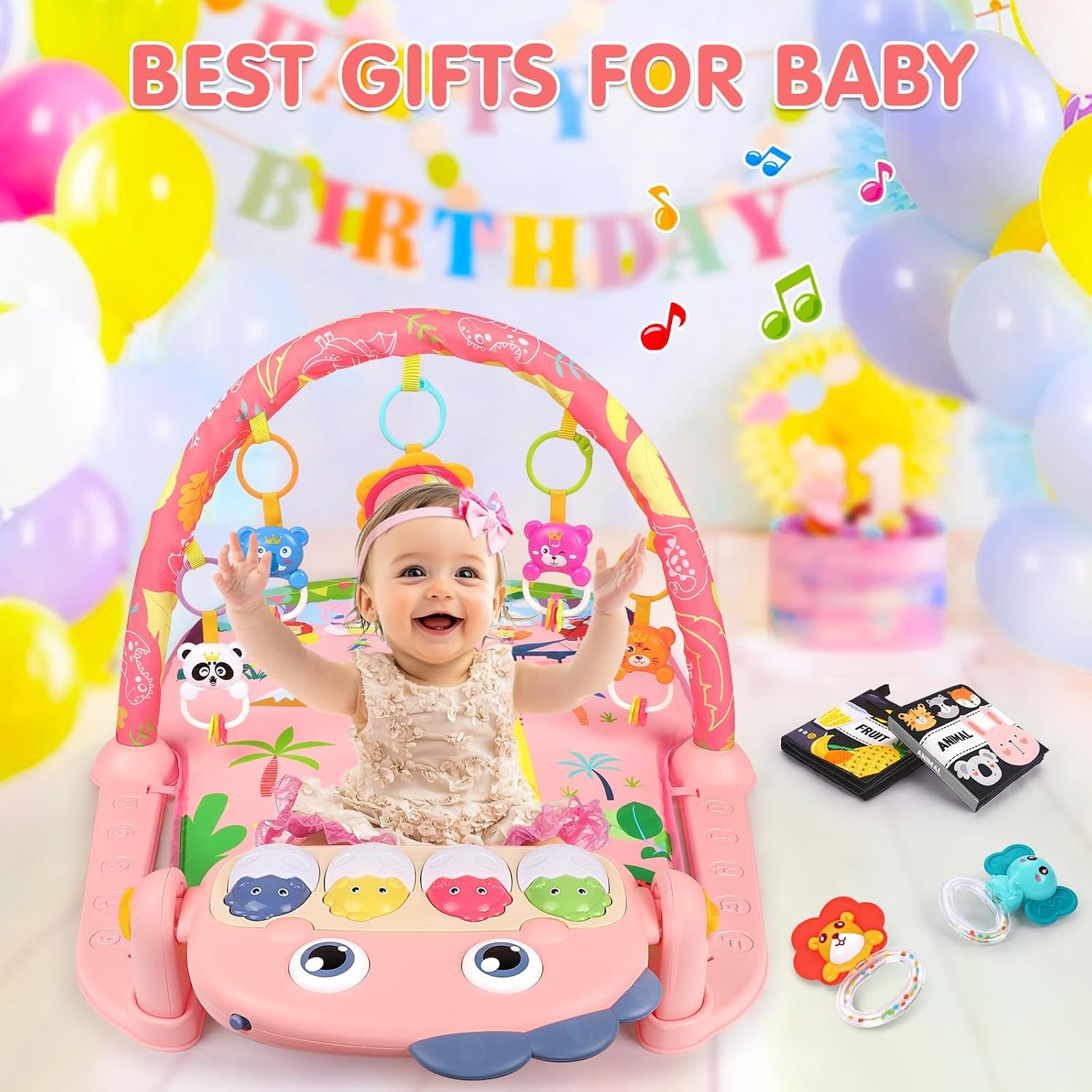 Thumbnail 6 de UMIKU Baby Play Mat, Pink Dinosaur Activity Gym with Piano and High-Contrast Books