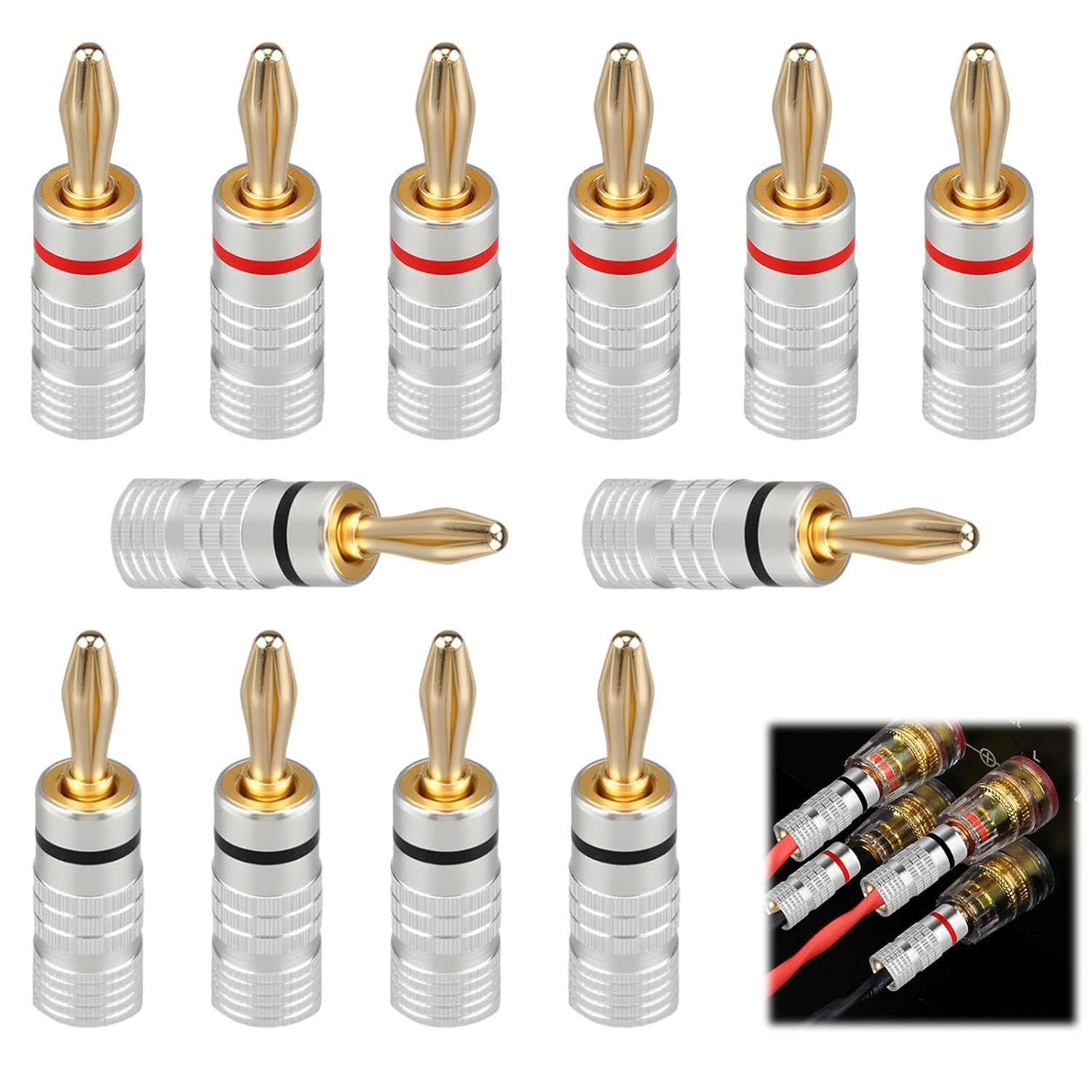 Thumbnail 6 de 4mm Banana Plugs (12 pcs) – 24k Gold Plated Speaker Wire Connectors, Screw-Lock Dual-Screw Type