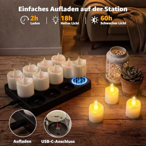 Detalle de Ollny LED-Teelichter, 12er-Set mit Ladestation, Fernbedienung und Timer
