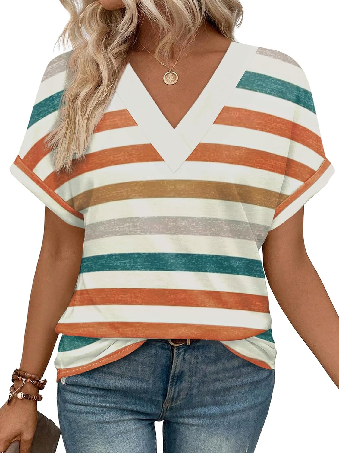 Detalle de WIHOLL Women's Summer Tops Short Dolman Sleeve, V-Neck Loose Fit Tee