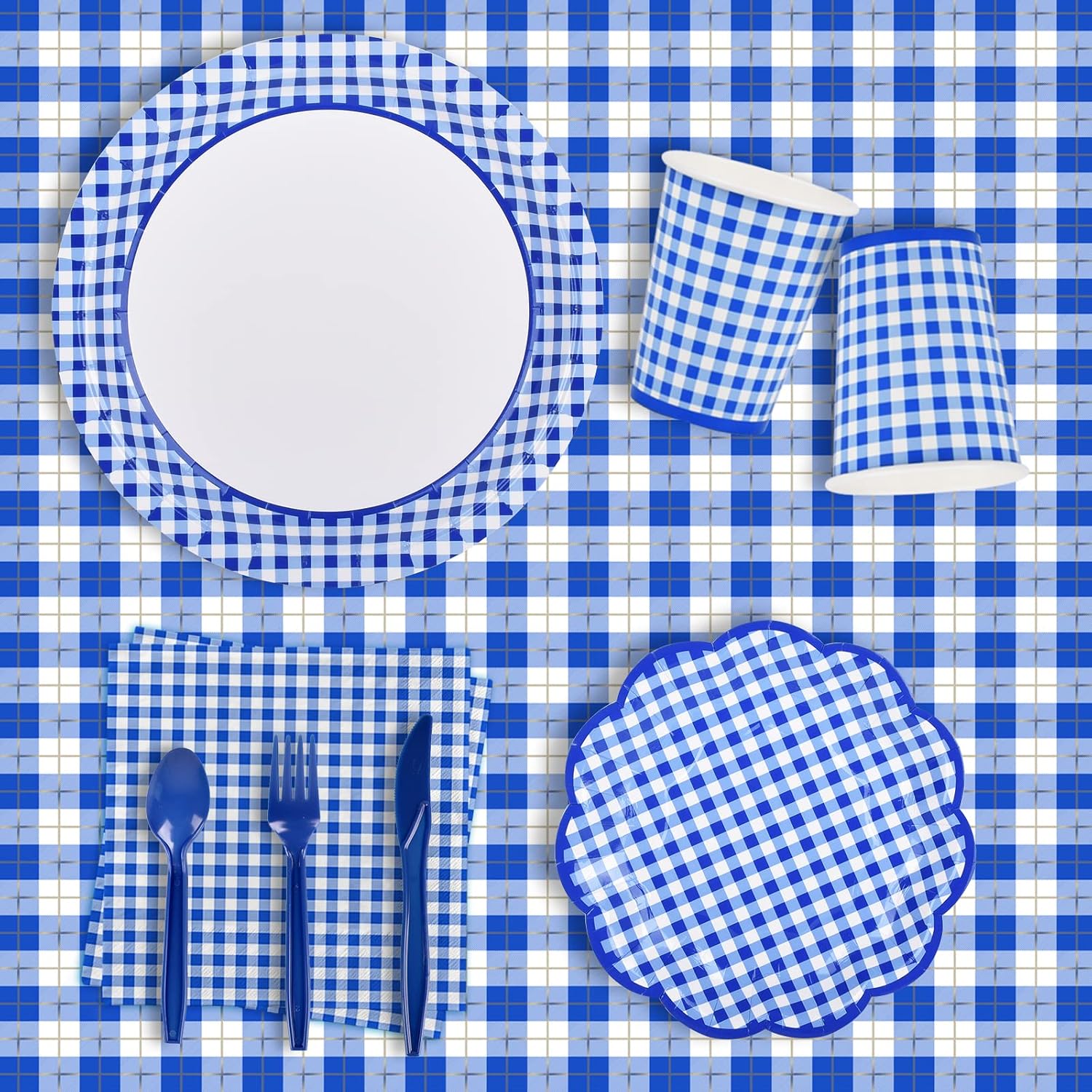 Thumbnail 1 de Gatherfun Gingham Blue and White Party Supplies — Disposable 25-Person Tableware Set with Tablecloth and Banner