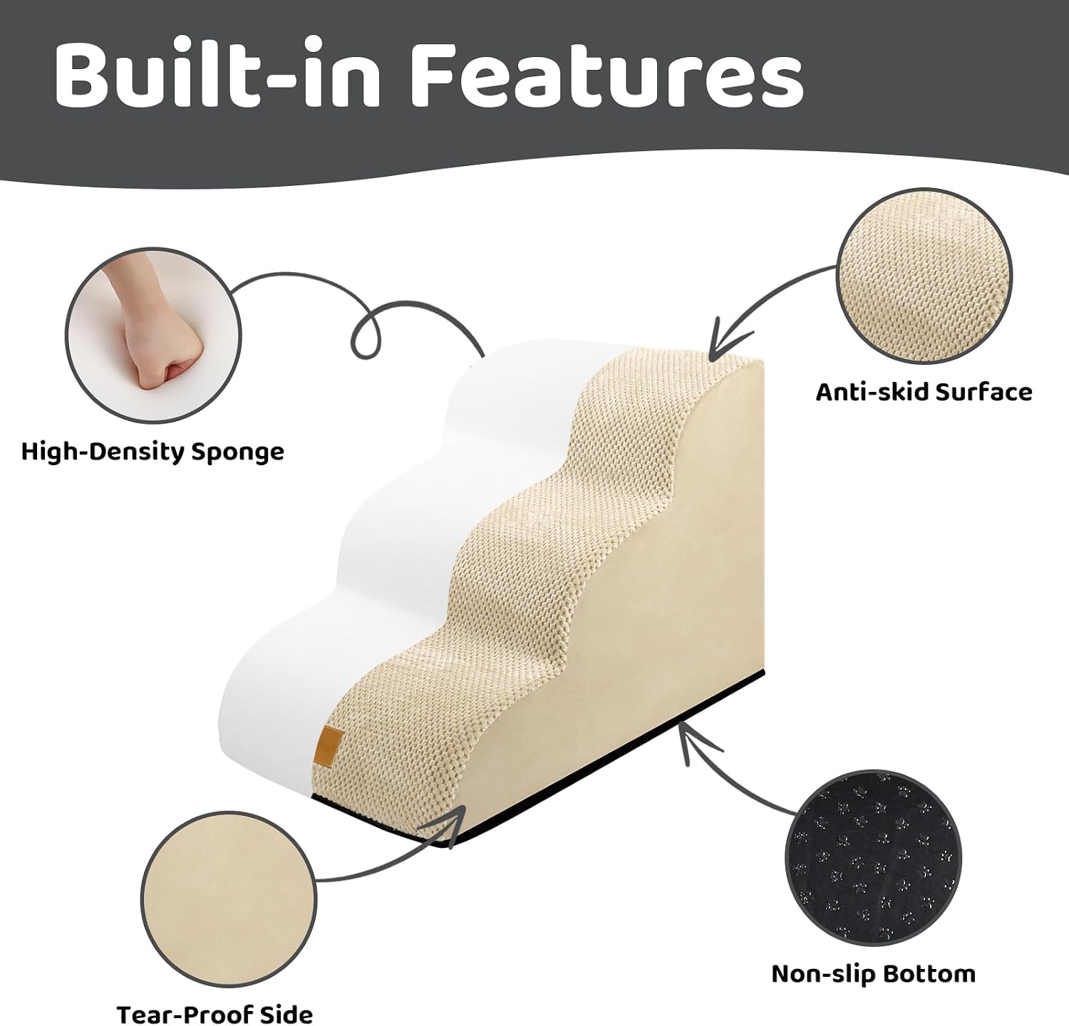 Detalle de necvha Dog Steps for Bed (Premium 3-Step, Beige) — Non-Slip Foam Pet Ramp with Removable Plush Cover