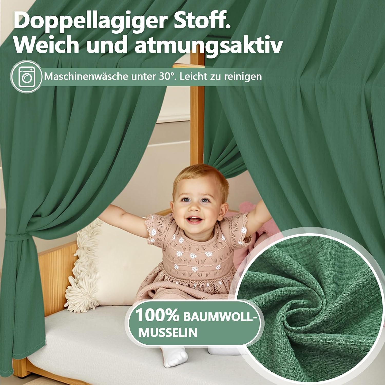 Thumbnail 2 de Alishomtll Hausbett Himmel Deko Set – 2 Betthimmel 135x320 cm, 100% Baumwoll-Musselin, Grün