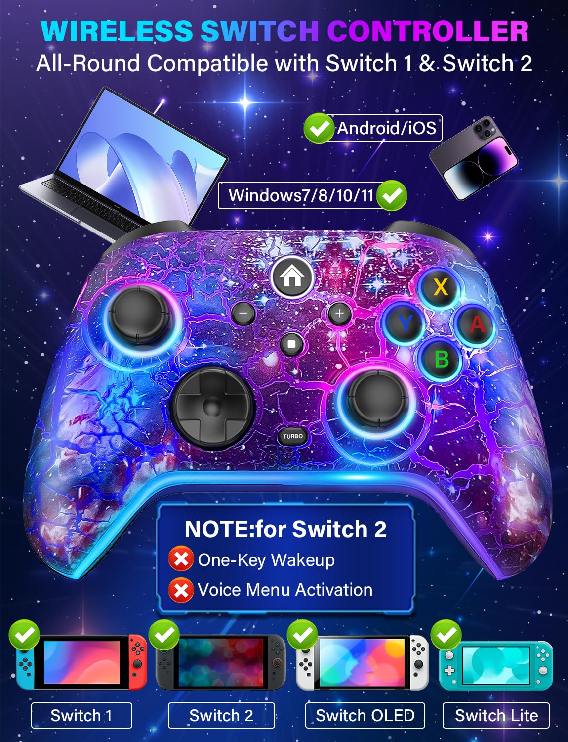 Thumbnail 1 de Switch Pro Controller Sternenhimmel – 1200 mAh, RGB‑Licht, programmierbare Tasten, Wake‑Up & Turbo