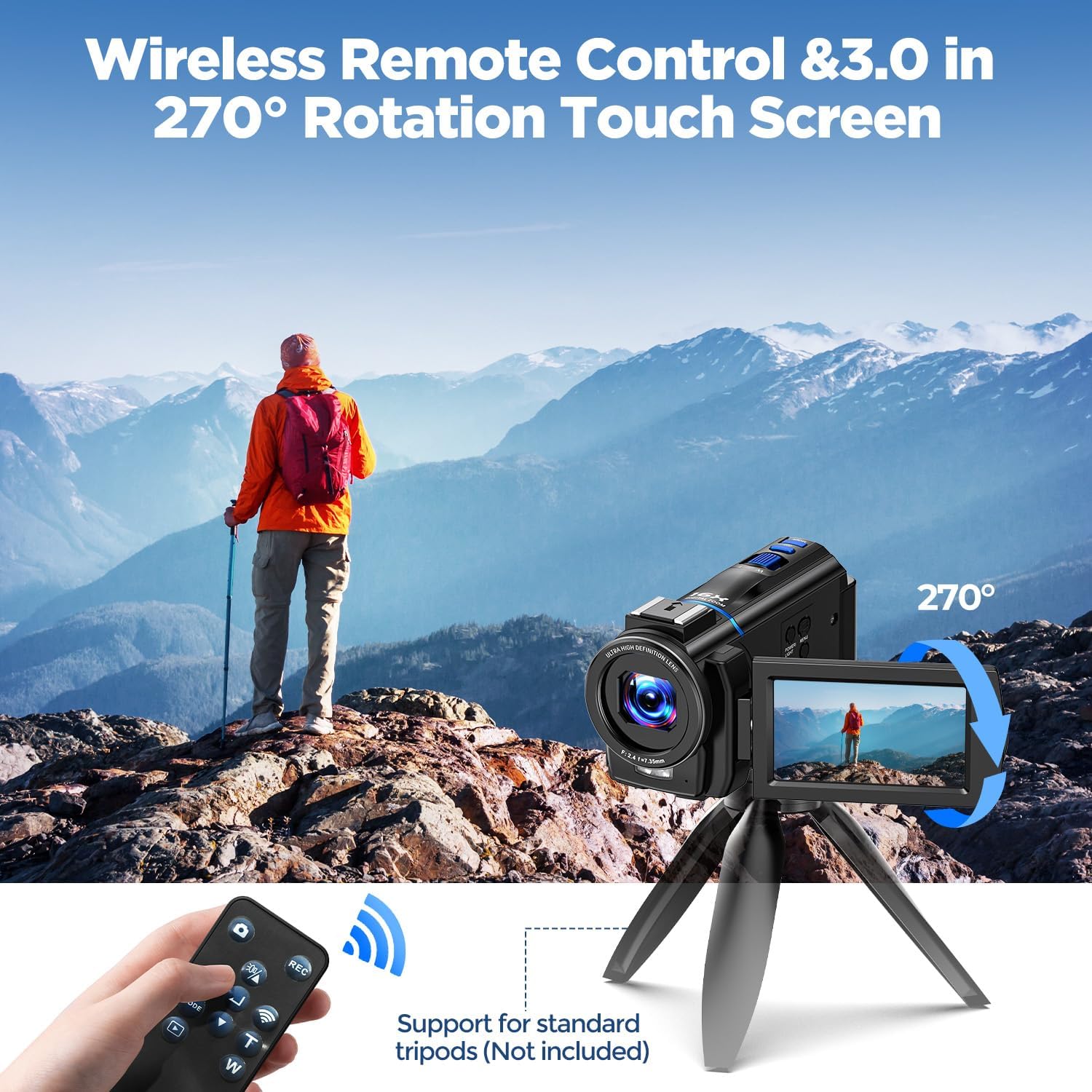 Thumbnail 2 de 4K Camcorder Video Camera (48MP) with 3" 270° Touch Screen, IR Night Vision, 32GB SD Card & Remote