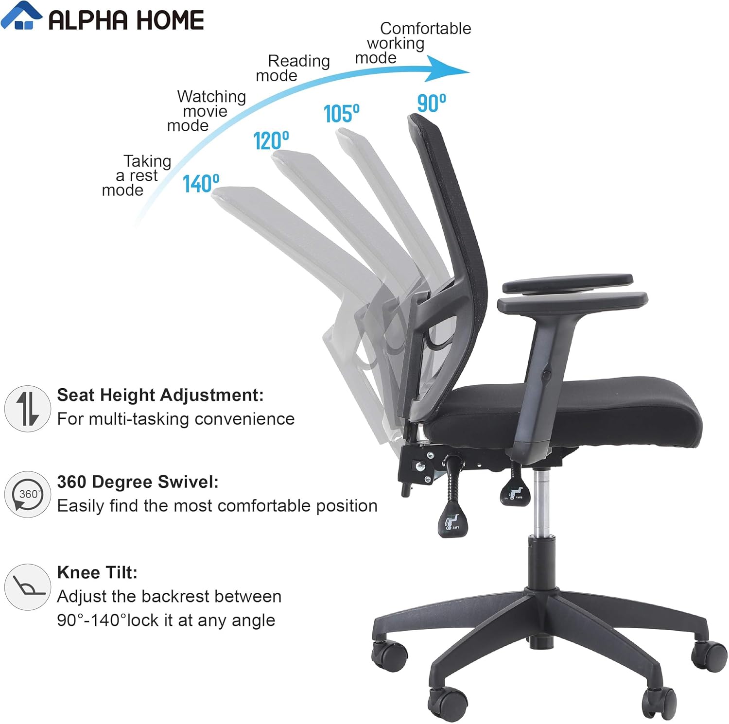 Thumbnail 4 de ALPHA HOME Silla de oficina ergonómica 🪑 - Soporte lumbar ajustable