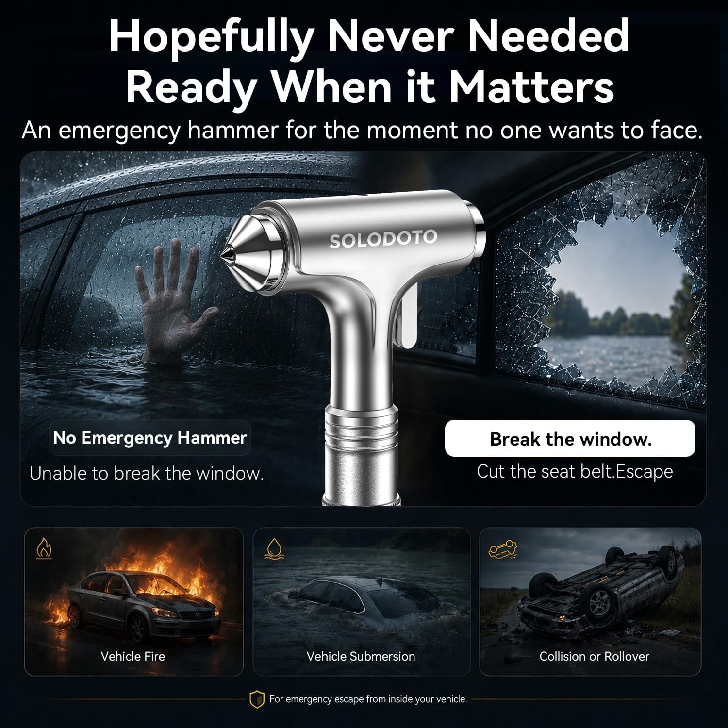 Detalle de SOLODOTO Life-Saving 1-Second Seat Belt Cutter and Window Breaker: 2-in-1 Car Safety Hammer