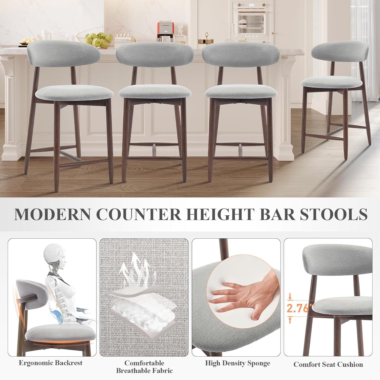 Thumbnail 2 de COLAMY VC-B6269-LGY3-FB-4B Upholstered Counter Stools, Set of 4, Light Grey