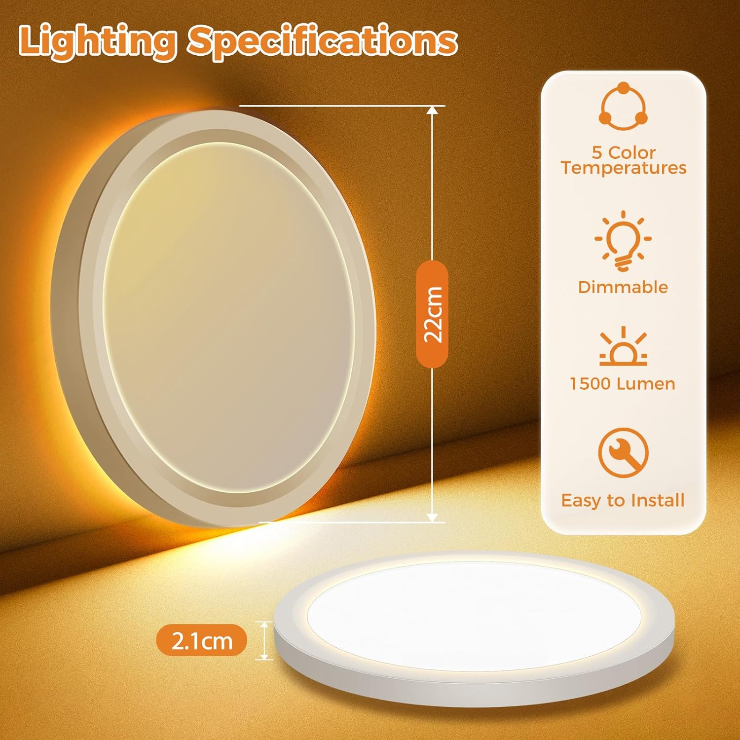 Thumbnail 5 de slochi LED Deckenleuchte, 22 cm, 15W, 1500 lm – dimmbar mit Fernbedienung, Nachtlicht 1800K, RGB-ähnliche Anpassung von 3000K bis 6500K