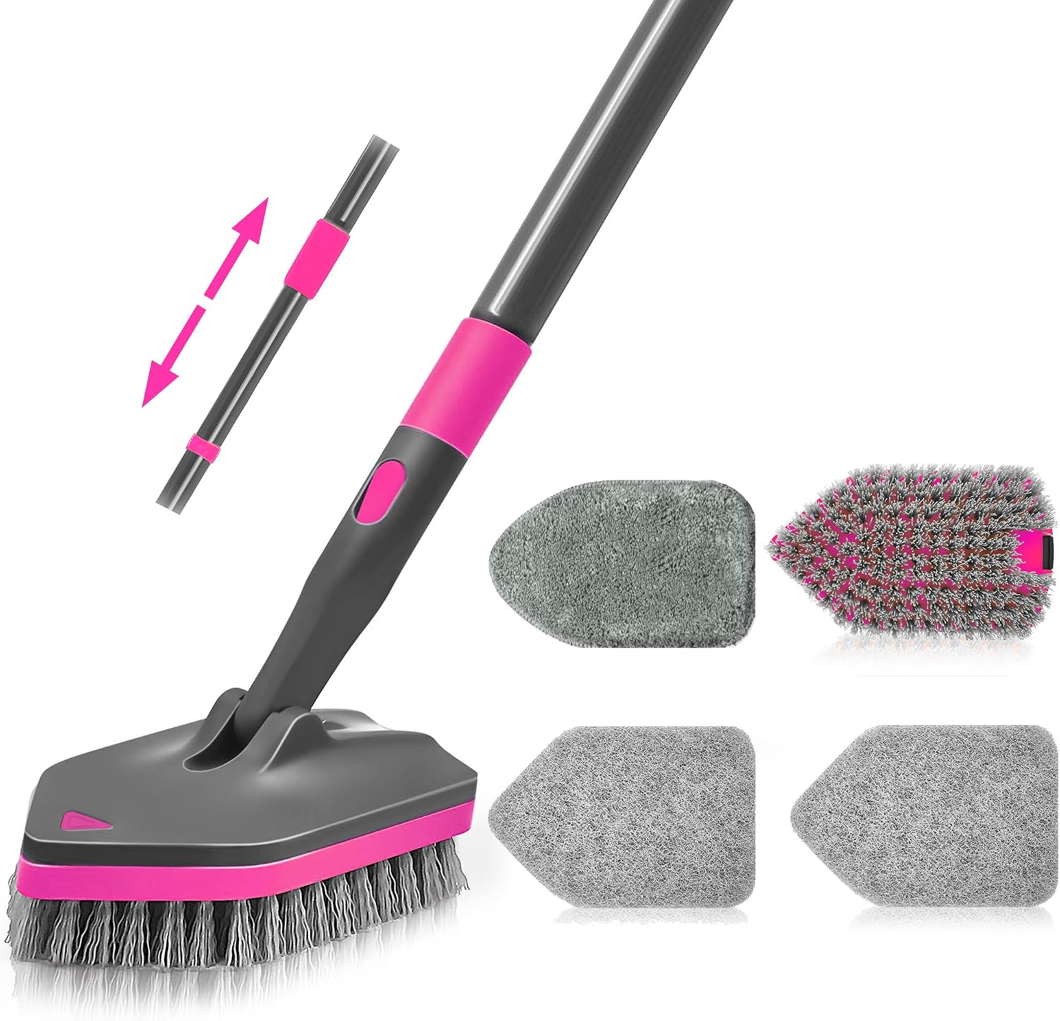 Detalle de NEWE telescopic bathroom cleaning brush with rotating 180° head and 4 scrub heads (grey/red) for tubs, tiles and toilets