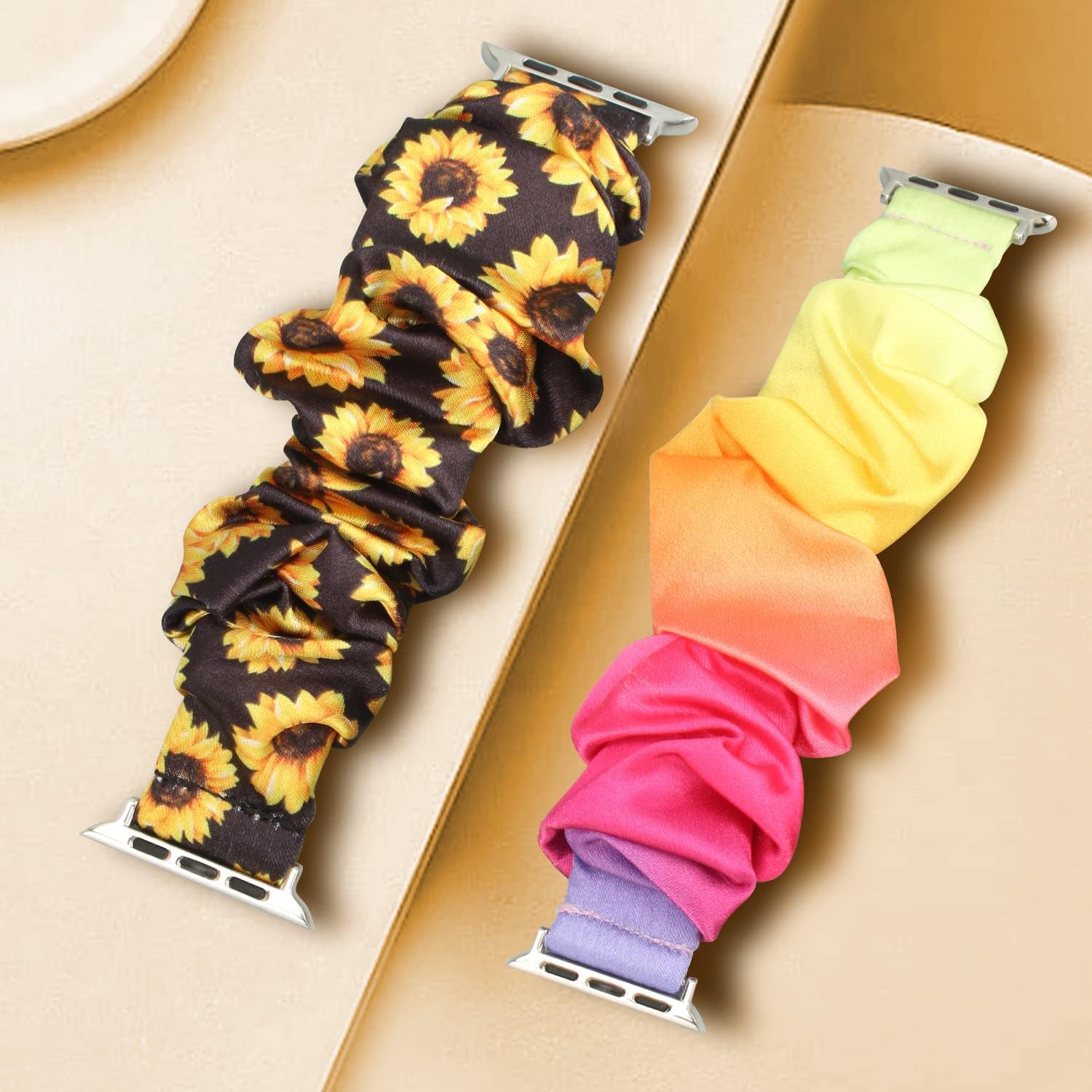 Detalle 2 de Meideli 2 Pack Pattern Printed Fabric Wristband for Apple Watch — Scrunchie Elastic Strap
