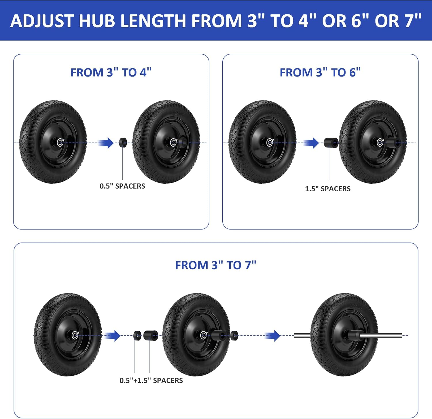 Thumbnail 6 de 4.80/4.00-8" Flat Free Wheelbarrow Tire with 14.5" Wheel, Universal Hub (3" Center, 3/4" & 5/8" Bearings) — Solid Polyurethane, 300 lb Capacity