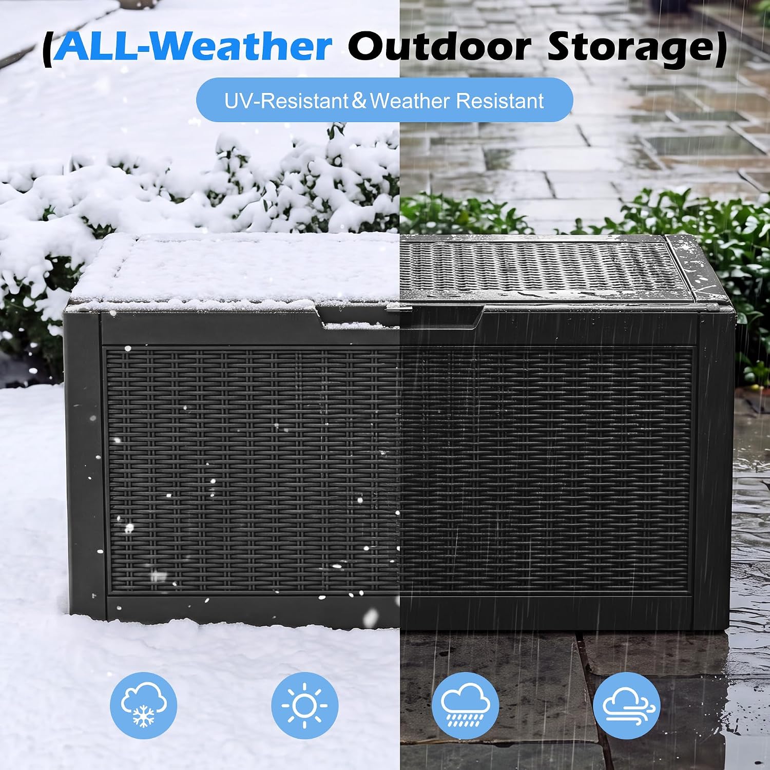 Detalle de WTFGO 80-Gallon Rattan Black Resin Outdoor Storage Box with Lockable Lid