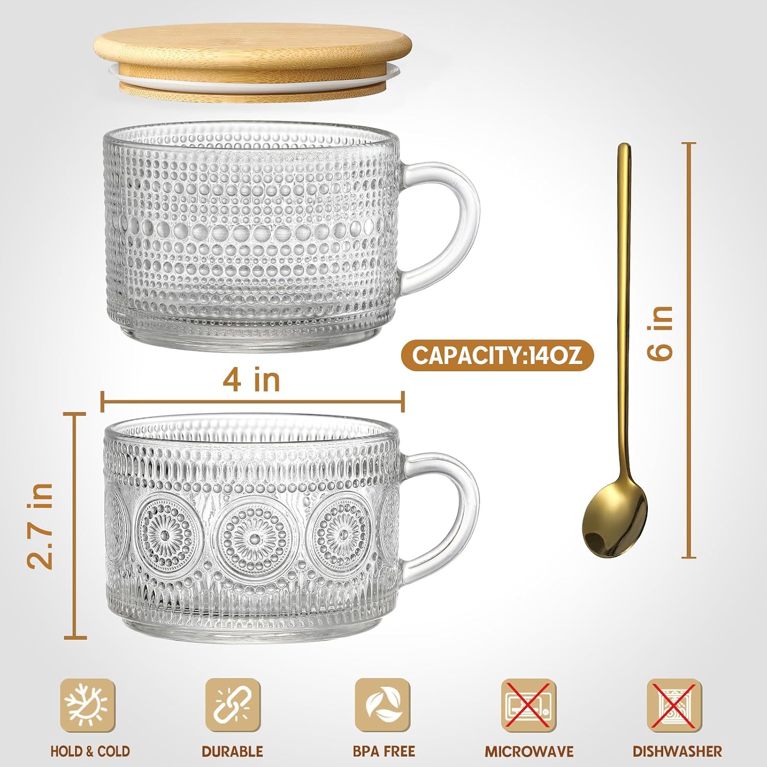 Thumbnail 5 de Vintage Embossed 14oz Glass Coffee Mugs Set 🍽